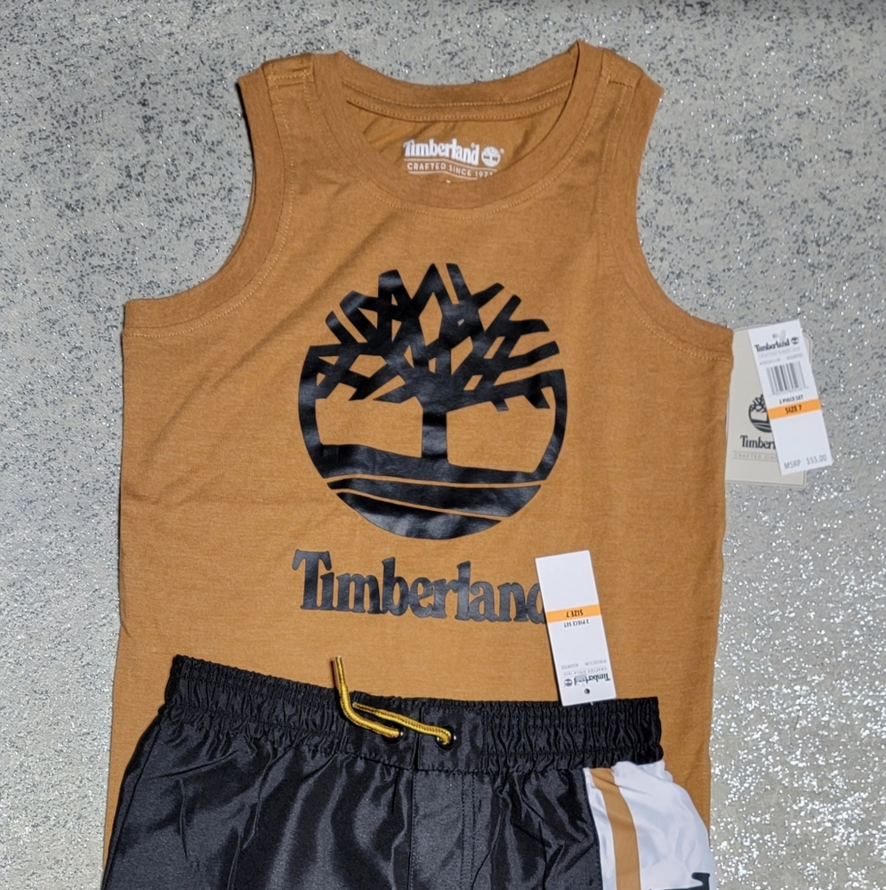 🤎🖤NEW Timberland  Brown Sleeveless Shirt and Swim Shorts Set Boy's Size 7